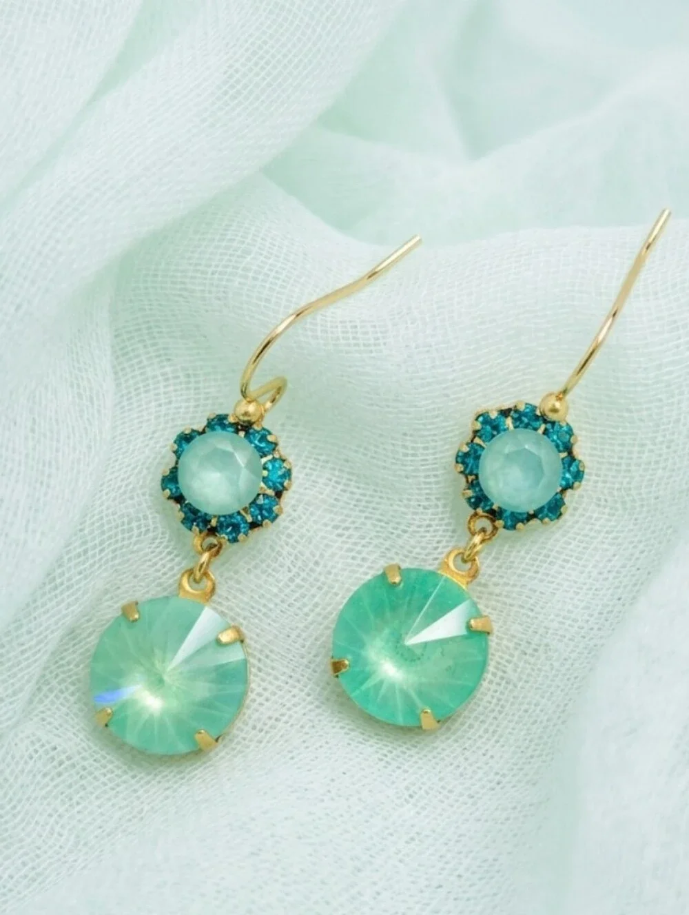 Mint Macaron Swarovski Crystals In Artisan Drop Gold Handmade Brass Earrings